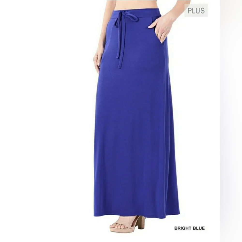 Zenana Relaxed Draped Basic Drawstring Waist Maxi Skirts with Side Pockets - Picture 2 of 8